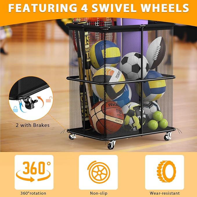 HEOMU Ball Storage Bin Rolling Garage Ball Storage Cart with Lockable Wheels, Metal Frame Mesh