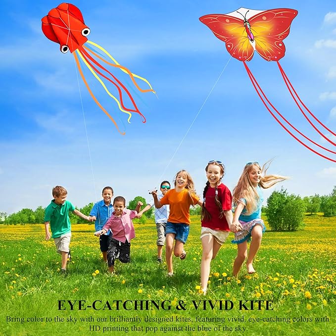 3 Pack Large Kites, Large Butterfly Kite, Colorful Delta and Red Octopus for Girls Boys Ages 4-8