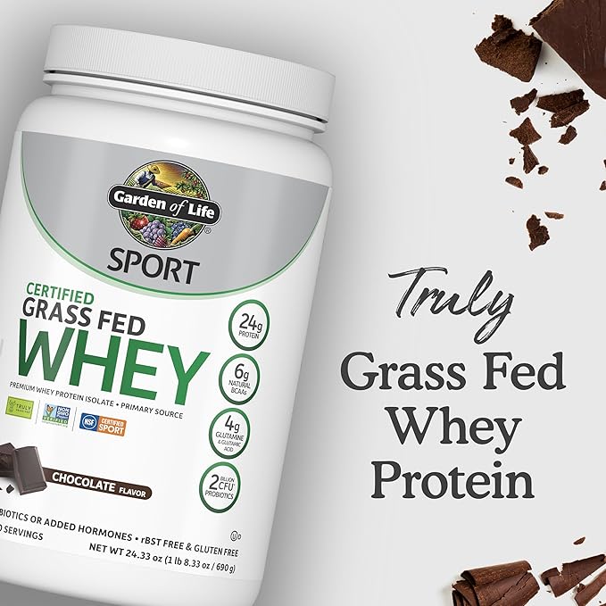 Garden of Life Sport Whey Protein Powder Chocolate, Premium Grass Fed Whey Protein Isolate Plus