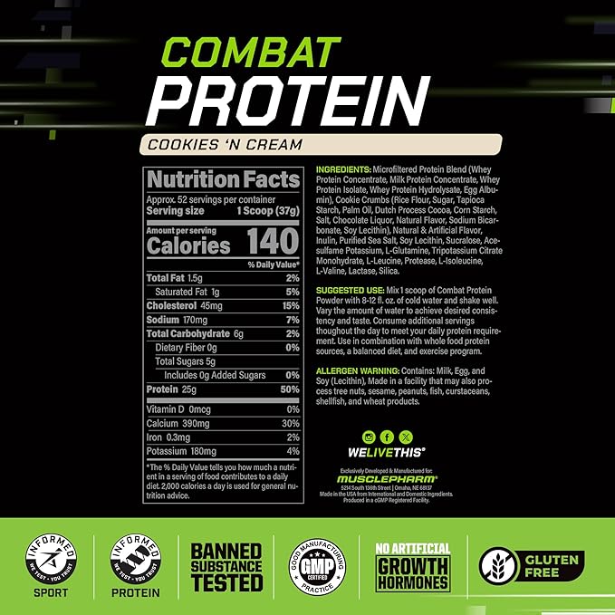 MusclePharm Combat Protein Powder, Cookies ?˜N??Cream Flavor, Fuels Muscles for Productive