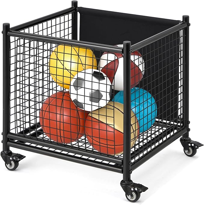 AECOJOY Ball Cart Storage, Rolling Basketball Bin with Wheels for Garage, School, Gym, Sports