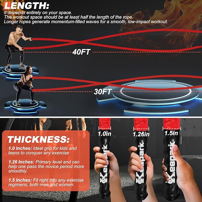 Battle Ropes for Home Gym, Exercise Rope 1.26/1.5inch, 30 40FT Heavy Battle Rope Weighted Battle