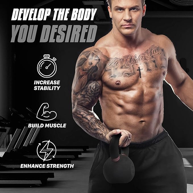 Yes4All Kettlebell, Heavy Duty Powder Coated Cast Iron Kettlebells, Non-Slip Handle & Flat Bottom