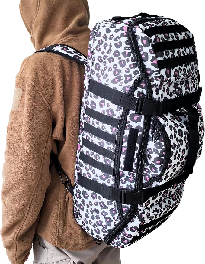 65L Large Duffle Bag, 3-in-1 Tactical Backpack MOLLE Pack for Sports, Gym, Outdoor, Leopard