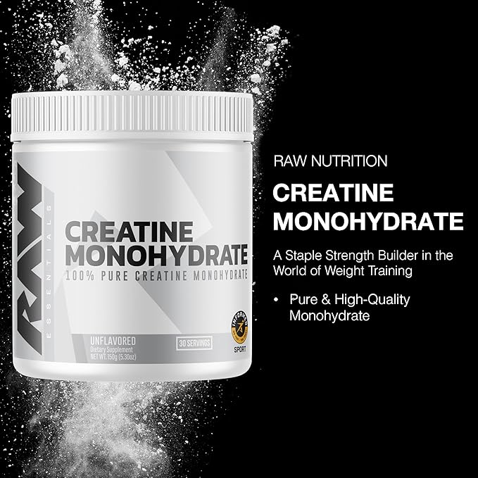 RAW Nutrition Creatine Monohydrate Powder, Unflavored (30 Servings) - Micronized Creatine