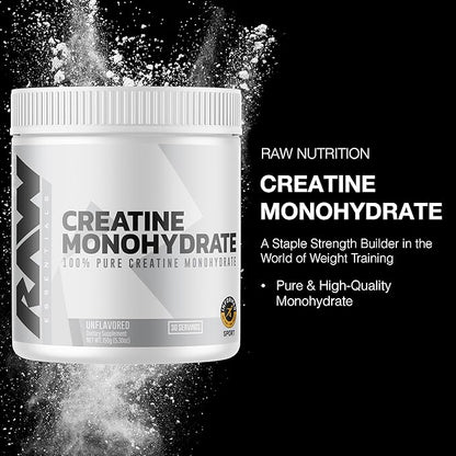 RAW Nutrition Creatine Monohydrate Powder, Unflavored (30 Servings) - Micronized Creatine