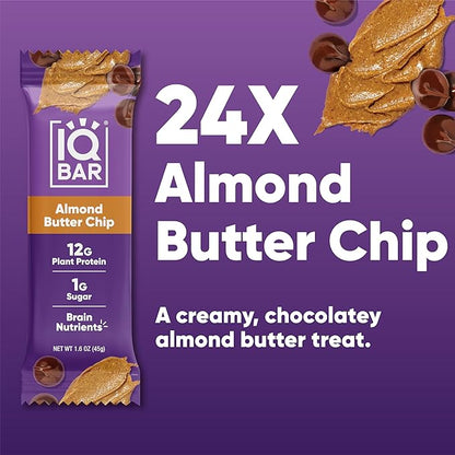 IQBAR Brain and Body Plant Protein Bars - Almond Butter Chip - 24-Count Low Carb - Gluten Free