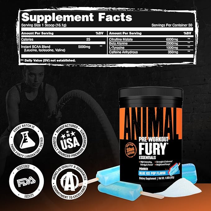 Animal Fury Pre Workout Powder ??Blue Ice Pop, 350mg Caffeine, BCAA Amino Acids, 2g Beta Alanine