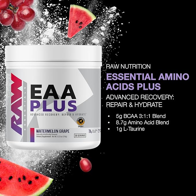 RAW EAA Plus, Amino Acids Powder, Watermelon Grape (30 Servings) - Pre Workout Amino Energy Powder