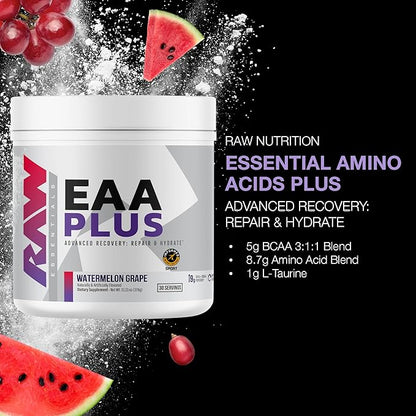 RAW EAA Plus, Amino Acids Powder, Watermelon Grape (30 Servings) - Pre Workout Amino Energy Powder