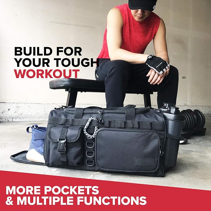 Fitdom 20" 32L Tactical Black Gym Duffle Bag with Shoe Compartment. Best Workout Bag For Men &