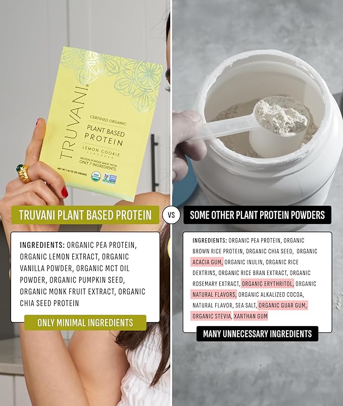 Truvani Vegan Pea Protein Powder | Lemon Cookie | 20g Organic Plant Based Protein | 20 Servings |