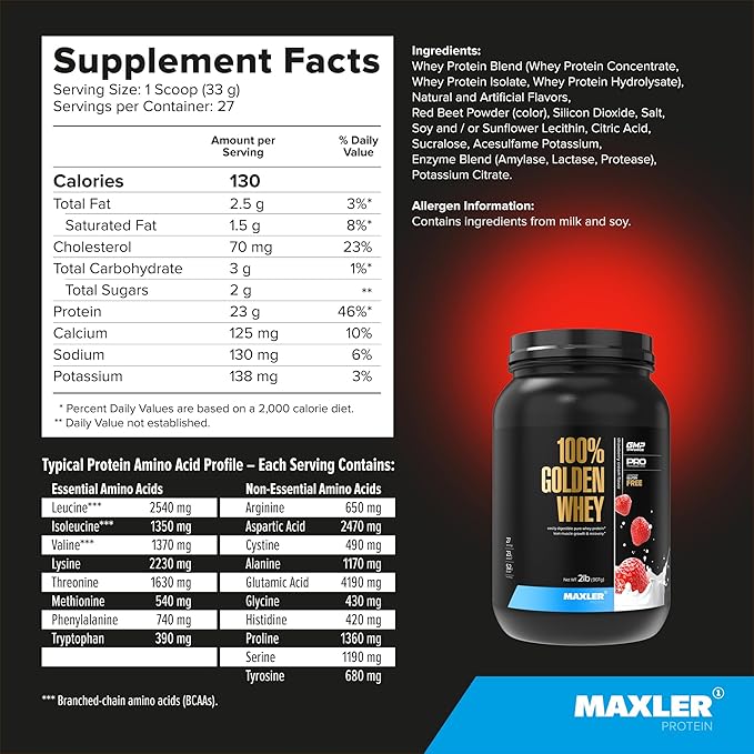 Maxler 100% Golden Whey Protein - 23g of Protein per Serving - Premium Whey Protein Powder for Pre