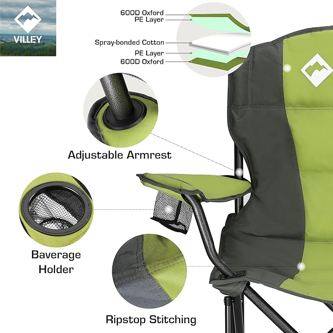 VILLEY Camping Chair, Oversized Folding Camp Chair, Portable Outdoor Chairs Support 400 LBS with