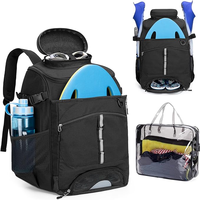 Swim Backpack for Swimmers, Swim Equipment Bag with Additional PVC Transparent Bag for Workout
