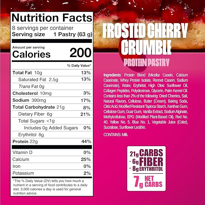 Legendary Foods 22g Protein Pastry+ Cherry, Low Carb Meal Replacement Bar - Low Glycemic, Gluten