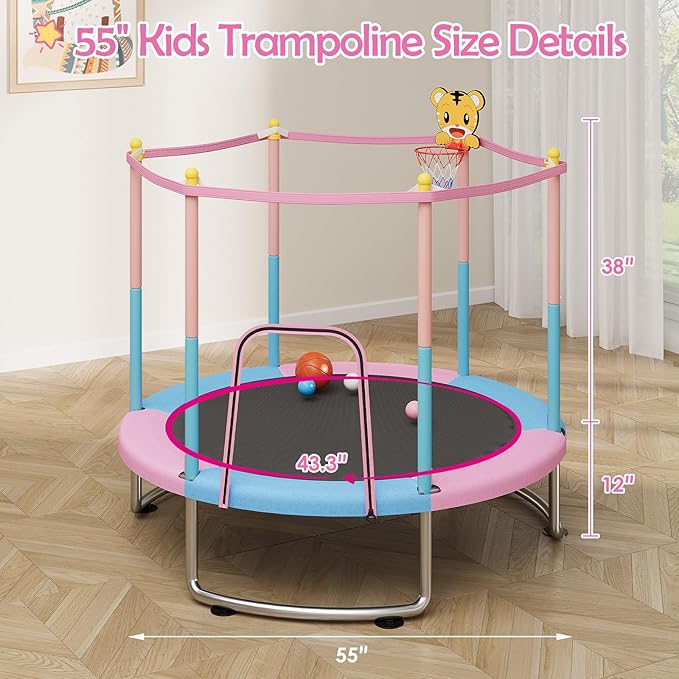 Kids Trampoline with Safety Net – 440lbs Capacity, Upgraded Rust-Proof Ring Legs, Adjustable