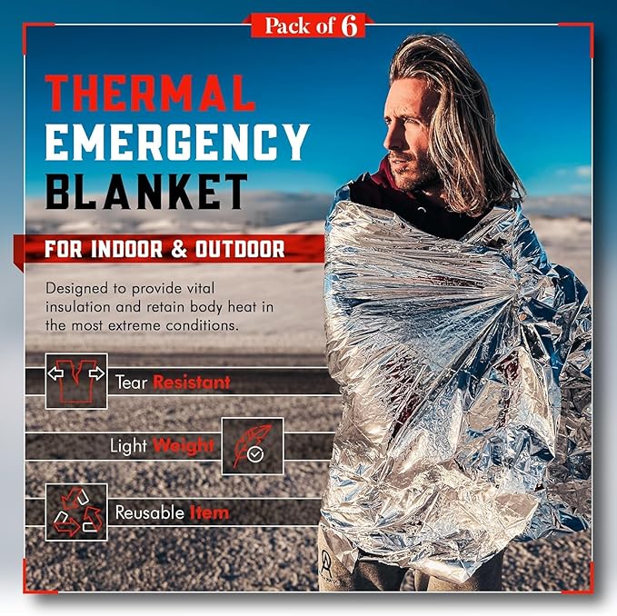 Emergency Blankets for Survival Gear and Equipment x6, Space Blanket, Mylar Blankets, Thermal