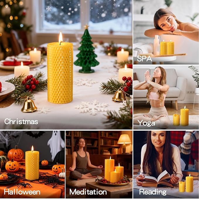 3 Pack Natural Beeswax Pillar Candles,2.8x6in Handmade Beeswax Rolled Candles,129 Hours Long