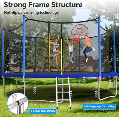 Upgraded 10/12/14/15/16FT Trampoline Outdoor, Large Kids Trampoline with Light, Stakes, Sprinkler