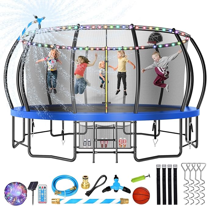 12 14 15 16FT Trampoline Outdoor with Basketball Hoop, Trampoline with Lights for Kids and Adults