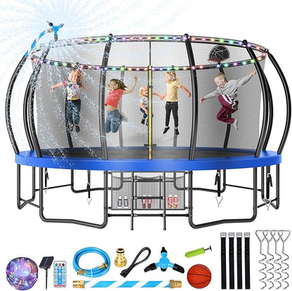12 14 15 16FT Trampoline Outdoor with Basketball Hoop, Trampoline with Lights for Kids and Adults