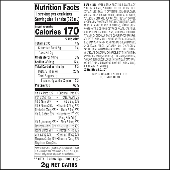 Atkins Strong High Protein Shake, Café Latte, 30g Protein, 7g Prebiotic Fiber, Muscle & Gut Health