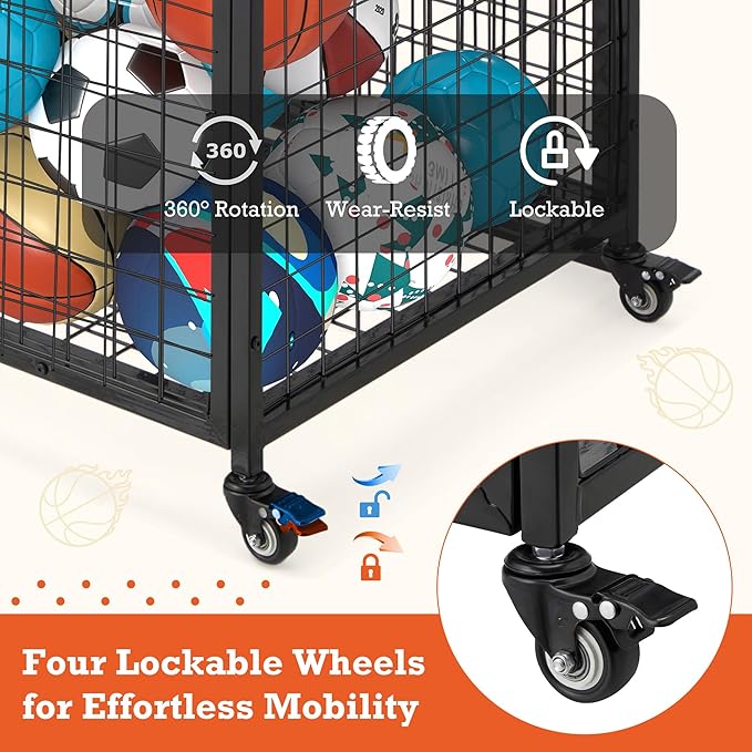 AECOJOY Ball Cart Storage, Rolling Basketball Bin with Wheels for Garage, School, Gym, Sports