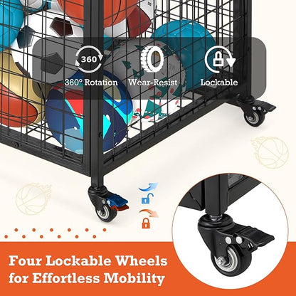 AECOJOY Ball Cart Storage, Rolling Basketball Bin with Wheels for Garage, School, Gym, Sports