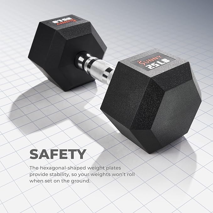 Sunny Health & Fitness Hex Style Dumbbell 5 LBS TO 50 LBS Chrome Handles, Hand Weight for Strength