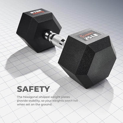 Sunny Health & Fitness Hex Style Dumbbell 5 LBS TO 50 LBS Chrome Handles, Hand Weight for Strength