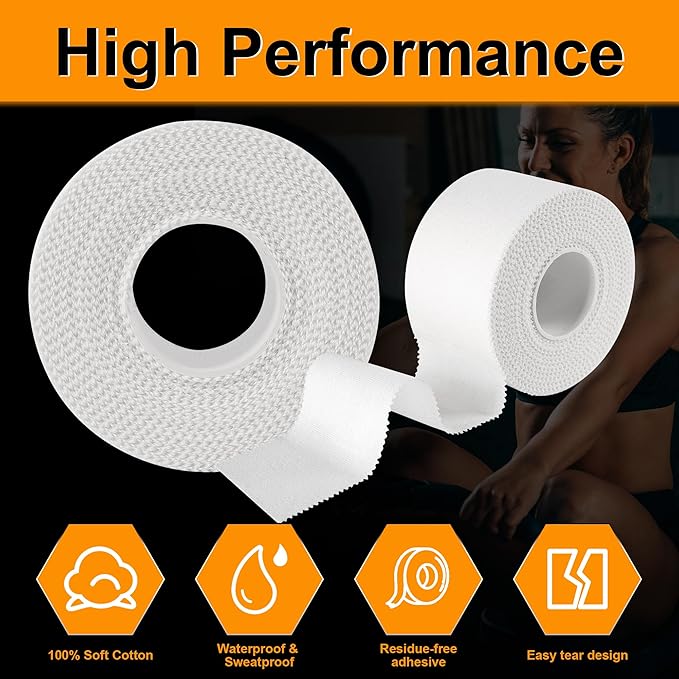 Athletic Tape 1.5in x 33ft (12 Pack Bulk) - No Residue Easy Tear White Sports Tape for Ankle &