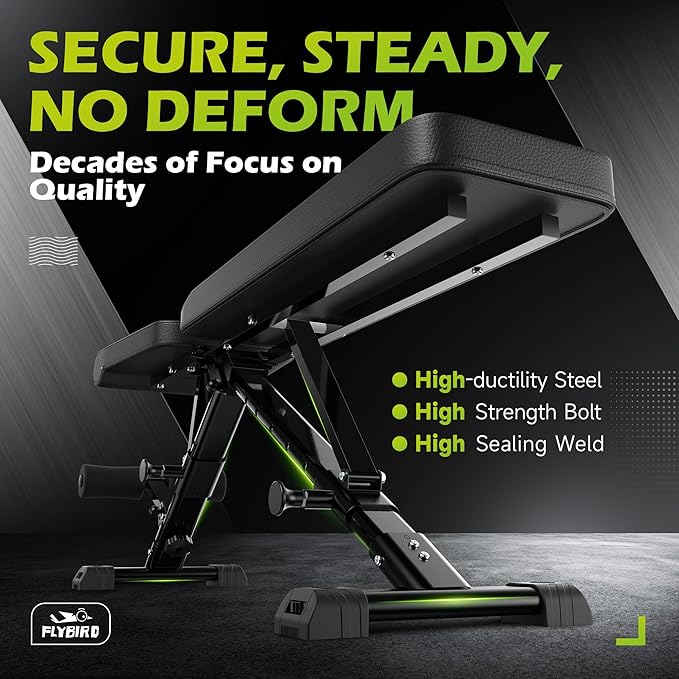FLYBIRD Weight Bench, Adjustable Strength Training Bench for Full Body Workout with Fast