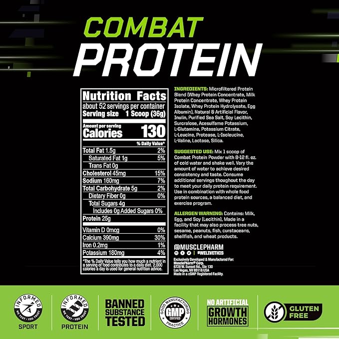 Muscle Pharm Combat Protein Powder, Horchata Flavor, Fuels Muscles for Productive Workouts, 5