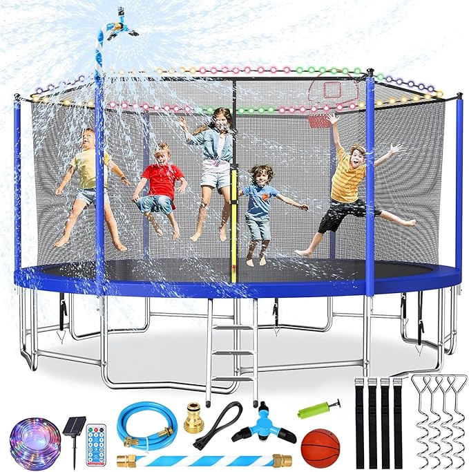 Upgraded 10/12/14/15/16FT Trampoline Outdoor, Large Kids Trampoline with Light, Stakes, Sprinkler