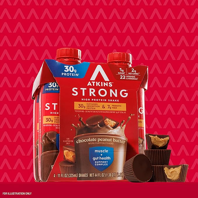 Atkins Strong High Protein Shake, Chocolate Peanut Butter Flavor, 30g Protein, Low Carb and Low