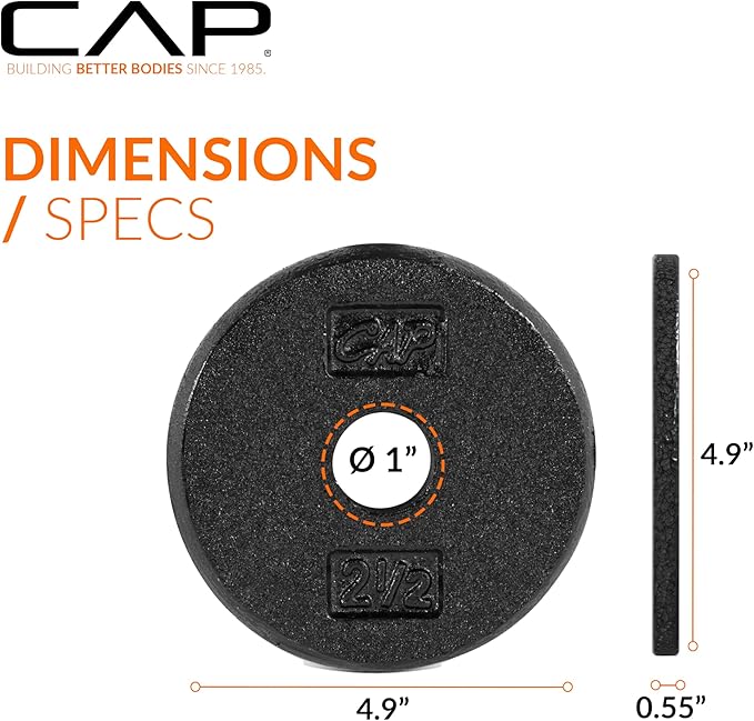 CAP Barbell Standard 1-Inch Cast Iron Weight Plates - Singles & Sets | 1.25-50 lbs | Multiple