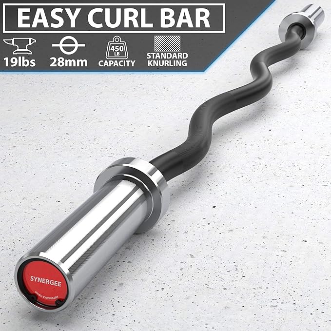 Synergee Commercial EZ Curl Olympic Bar Chrome & Black Phosphate with Powder Coated Brass Bushings