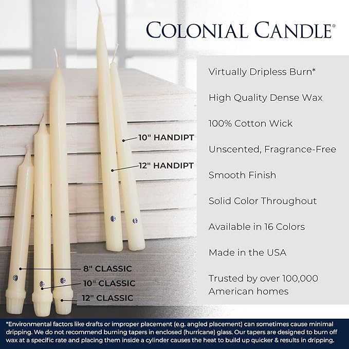 Colonial Candle Unscented Taper Candle, Classic Collection, Evergreen, 10 In, Pack of 12 - Up to 8