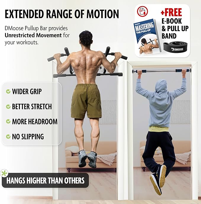 DMoose Fitness Pull Up Bar for Doorway - Upto 250 Lbs Capacity, No Screwing or Slipping, Hanging