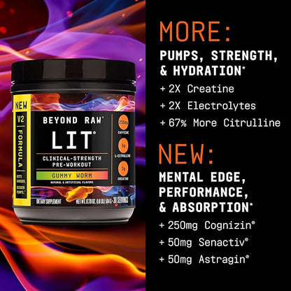 BEYOND RAW LIT V2 Clinical Strength Pre Workout Powder, Hits Harder, Bigger Pumps, Caffeine
