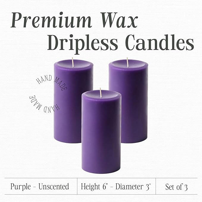 Mister Candle Dripless Unscented Pillar Candles, Set of 3 Hand Poured Purple Pillar Candles, Solid