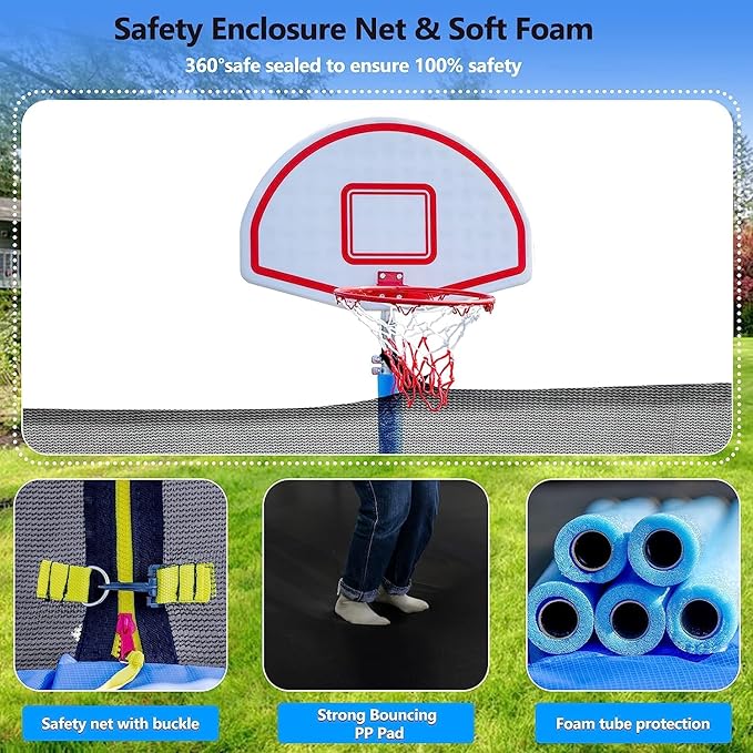 Upgraded 10/12/14/15/16FT Trampoline Outdoor, Large Kids Trampoline with Light, Stakes, Sprinkler