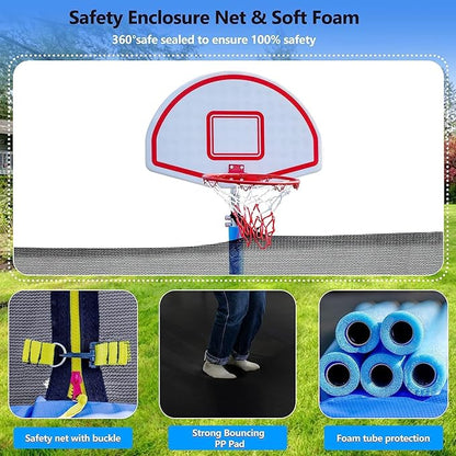 Upgraded 10/12/14/15/16FT Trampoline Outdoor, Large Kids Trampoline with Light, Stakes, Sprinkler