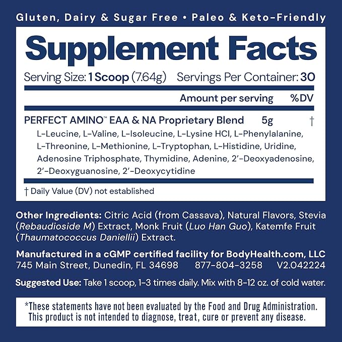 BodyHealth PerfectAmino Powder - BCAA and EAA Powder for Pre and Post Workout - Amino Acid Energy
