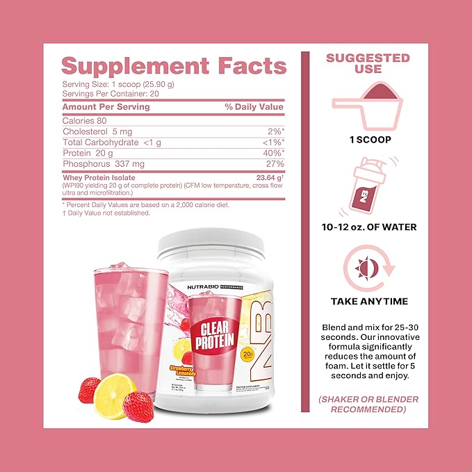 NutraBio Clear Protein Powder, Strawberry Lemonade - 20 Servings, 20g Clear Whey Protein Isolate, 0