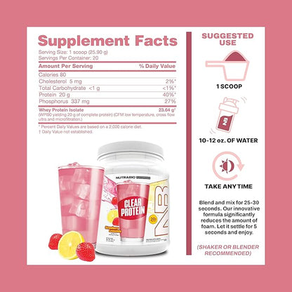 NutraBio Clear Protein Powder, Strawberry Lemonade - 20 Servings, 20g Clear Whey Protein Isolate, 0