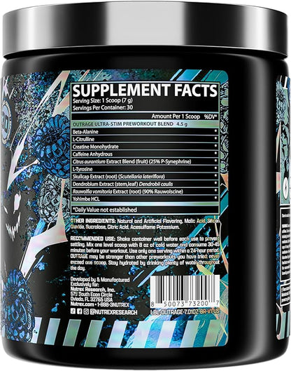 Outrage Ultra HIGH STIM Pre-Workout Powder for Men | 400mg Caffeine, L-Citrulline, Beta-Alanine