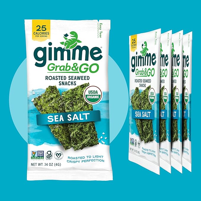 Gimme Seaweed Grab & Go Organic Premium Roasted Seaweed Snacks, Sea Salt, 5 Count Trayless, Keto