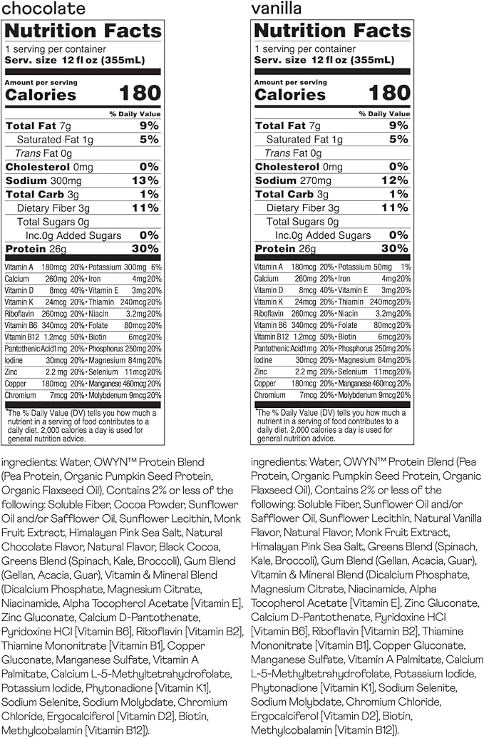 OWYN Only What You Need High Protein Plant Based Complete Nutrition Shake, Chocolate & Vanilla